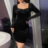 Velvet Bodycon Dress Square Neck Long Sleeve Waist Cinching Sexy Style Autumn Winter Fashion Who