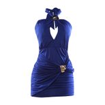 Fashionable Womens Bodycon Dress Halter Neck Metal Buckle Pleated Design Solid Color Autumn Wint