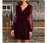 Mesh Panel Bodycon Dress with Shimmering Beads Elegant Evening Wear Perfect for Parties and Spec