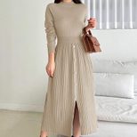 French Style Knitted Midi Dress Elegant Split Design Round Neck Long Sleeve Comfortable Fabric C