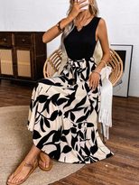 Elegant Color Block Sleeveless A Line Dress for Women V Neck Geometric Pattern Spring Summer Collection