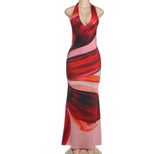 Womens Spring Fashion Dress Sexy Halter Neck Color Block Print Bodycon Fit Backless Design Eveni