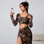 Leopard Print Maxi Dress Sexy Y2K Style Hollow Out Design Autumn Winter Fashion Wholesale Availa