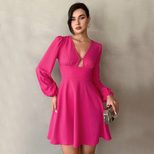 Womens Mini A Line Dress V Neck Puff Sleeves Waist Cinching Autumn Winter Fashion Wholesale Avai