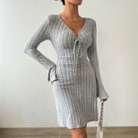 Elegant Gray Flared Sleeve Dress Slim Fit Minimalist Design Autumn Winter Style Wholesale Availa