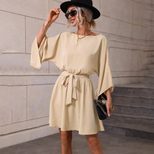 Womens Long Sleeve Dress Round Neck Elastic Waist A Line Skirt Elegant Style for Casual Occasion
