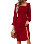 Elegant Mid Length Dress Side Slit Square Neck Waist Defining Slim Fit Perfect for Parties or Ca