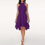 Summer Womens A Line Dress Sexy Solid Color Asymmetrical Cut Double Layer Ruffle Sleeveless Chif