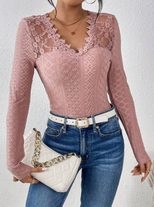 Lace Hollow Out Long Sleeve Womens Top Sexy Design Floral Pattern Elegant Style Perfect for Even