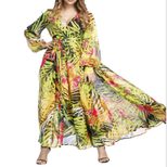 Floral Print Maxi Dress Lantern Sleeves Sexy V Neck Leaf Pattern Spring Summer Fashion Wholesale
