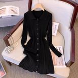 Vintage Inspired Long Sleeve Polo Dress Slim Fit Waist Defining Knitted Fabric Autumn Fashion fo
