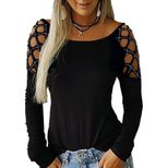 Long Sleeve T Shirt Round Neck Hollow Out Rhinestone Detail Autumn Winter Womens Fashion Wholesa