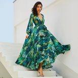 Floral Print Maxi Dress Lantern Sleeves Sexy V Neck Leaf Pattern Spring Summer Fashion Wholesale