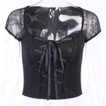 Lace Panel Short Sleeve Top Sexy Street Style Square Neck Slim Fit Womens Fashion for Casual Out