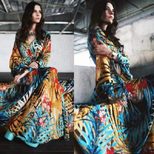 Floral Print Maxi Dress Lantern Sleeves Sexy V Neck Leaf Pattern Spring Summer Fashion Wholesale