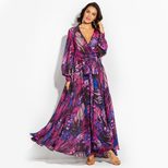 Floral Print Maxi Dress Lantern Sleeves Sexy V Neck Leaf Pattern Spring Summer Fashion Wholesale
