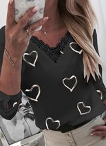 Heart Print V Neck Long Sleeve T Shirt for Women Summer Collection Casual Wear Ready to Ship Who