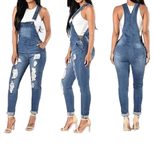Womens Ripped Denim Jumpsuit Casual Style Adjustable Straps Comfortable Fit Perfect for Everyday