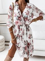 Chiffon Long Sleeve Printed Pleated Dress Elegant Design Lightweight Fabric Versatile Style Perf