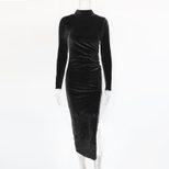 Elegant High Neck Long Sleeve Dress Pleated Design Side Slit Fashionable Style Perfect for Autum