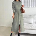 French Style Knitted Midi Dress Elegant Split Design Round Neck Long Sleeve Comfortable Fabric C