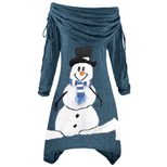 Womens Christmas Snowman Print Ruffled Collar Irregular Drawstring Dress Autumn Winter Fashion W