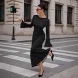 Black Polka Dot Maxi Dress Long Sleeve Open Back Slim Fit Adjustable Tie Elegant Autumn Winter E