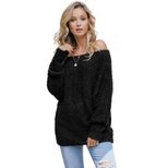 Off Shoulder Long Sleeve Knit Sweater for Women Solid Color Loose Fit Warm Wool Blend Autumn Win
