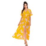 Floral Chiffon Dress V Neck Short Sleeve High Slit A Line Casual Beachwear Wholesale Available