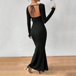 Elegant Long Sleeve Bodycon Dress Deep U Neck Front Tie Slim Fit Chic Style Perfect for Evening