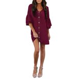 Womens Shirt Dress European Style V Neck Button Front Loose Fit Knee Length Summer Casual Wear W