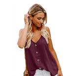 Womens Summer Sleeveless V Neck Tank Top European Style Button Detail Backless Design Casual Wea