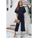 High Waisted Loose Wide Leg Jumpsuit for Women Short Sleeve Solid Color European Style Summer Ca