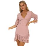 Deep V Neck Ruffle Hem Chiffon Dress Bell Sleeve Floral Cutout Elegant Design Perfect for Summer