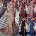 Gold One Shoulder Sleeveless Maxi Dress with Slit for Women Wholesale Elegant Evening Wear Available in Multiple Sizes