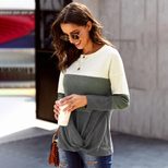 Color Block Regular Fit T Shirt for Women Autumn Style Round Neck Long Sleeve Loose Fit Wholesal