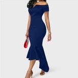 Womens Summer Dress Short Sleeve Off Shoulder V Neck Irregular Hem Long Dress Casual Wear