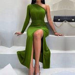 Elegant High Slit Dress Ruched Form Fitting Long Length Autumn Winter Evening Wear Wholesale Ava
