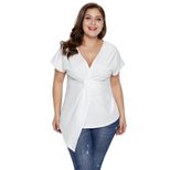 Womens Summer Loose V Neck Short Sleeve T Shirt Twist Knot Design High Low Hem Plus Size Casual