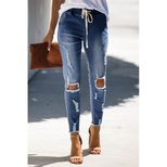 High Waist Ripped Skinny Jeans for Women Elastic Waist Drawstring Spring Autumn Casual Wear