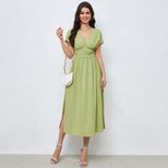 V Neck Backless Dress High Waist Solid Color Flared Skirt Spring Fashion for Women Wholesale Ava