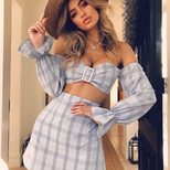 Two Piece Set Off Shoulder Top with Bell Sleeves Plaid Dress for Spring Summer Wholesale Availab