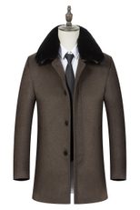Mens Business Casual Mid Length Detachable Wool Blend Overcoat Stylish Turn Down Collar Versatil