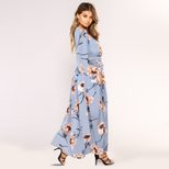 Long Sleeve Floral Print Dress for Women V Neck Tie Detail Spring and Summer Fashion