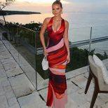 Womens Spring Fashion Dress Sexy Halter Neck Color Block Print Bodycon Fit Backless Design Eveni