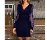 Mesh Panel Bodycon Dress with Shimmering Beads Elegant Evening Wear Perfect for Parties and Spec
