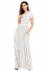 Bohemian Maxi Dress Short Sleeve Round Neck Striped Knit Casual Summer Wear Wholesale Available