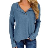 Waffle Knit Long Sleeve T Shirt for Women V Neck Button Design Casual Wear
