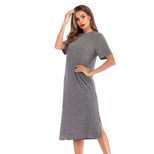 Womens Casual Solid Color Short Sleeve Round Neck Split Hem Dress Autumn Fashion Wholesale Avail