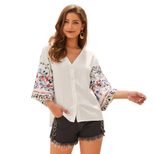 Cotton Linen V Neck T Shirt for Women Three Quarter Sleeve Casual Top Autumn Fashion